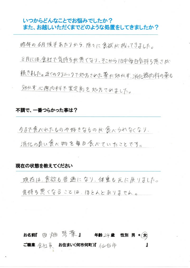 食欲がなくなり気持ち悪くなることも増えていた　宮城県仙台市 24歳 女性